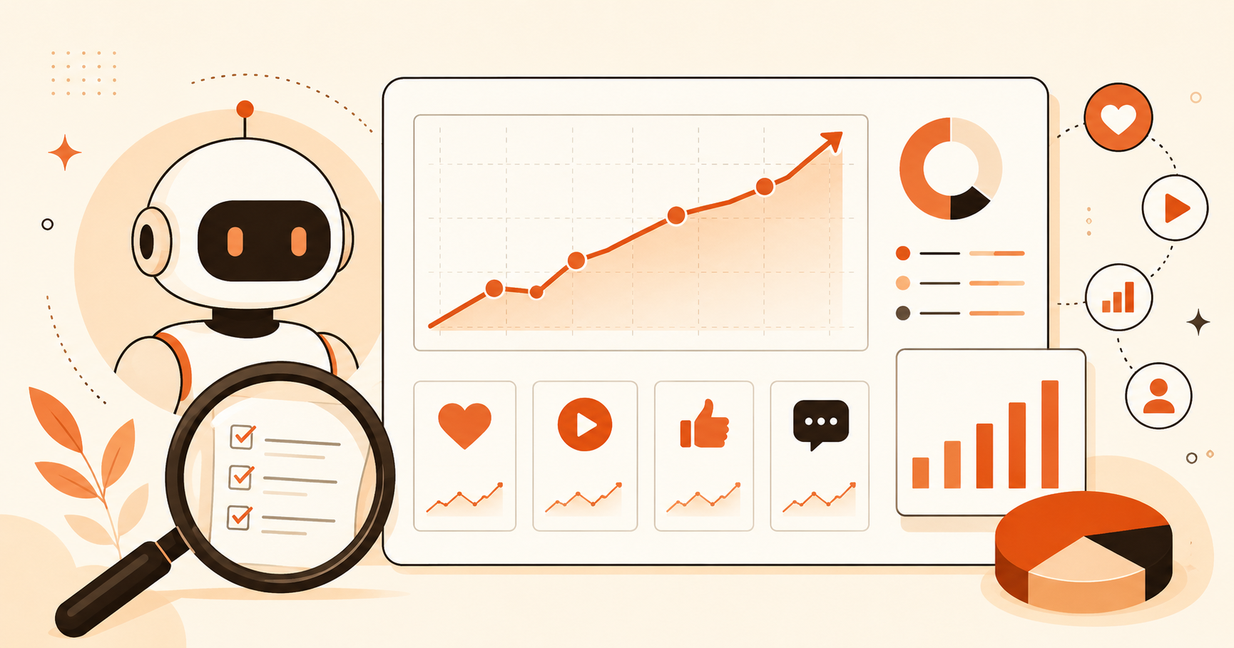 Claude AI auditing a social media analytics dashboard with a magnifying glass — a rising engagement chart, post performance metrics, and breakdown charts.